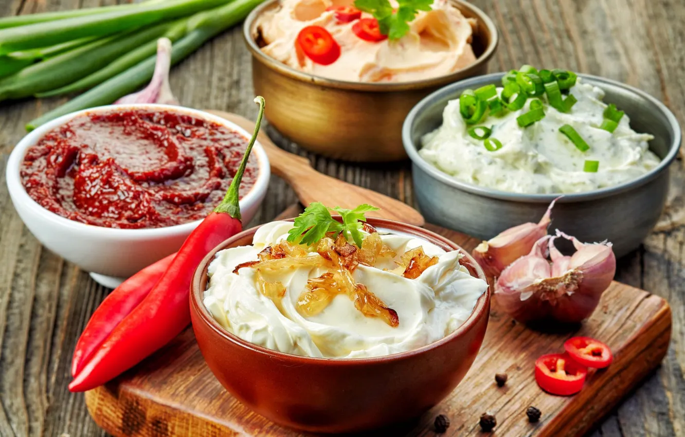 Photo wallpaper pepper, sauce, spices, garlic, cuts