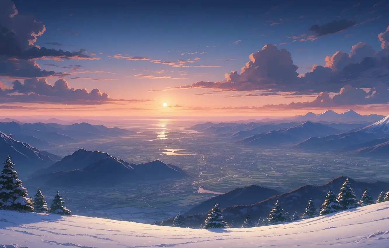 Photo wallpaper sky, trees, landscape, nature, sunset, winter, mountains, clouds