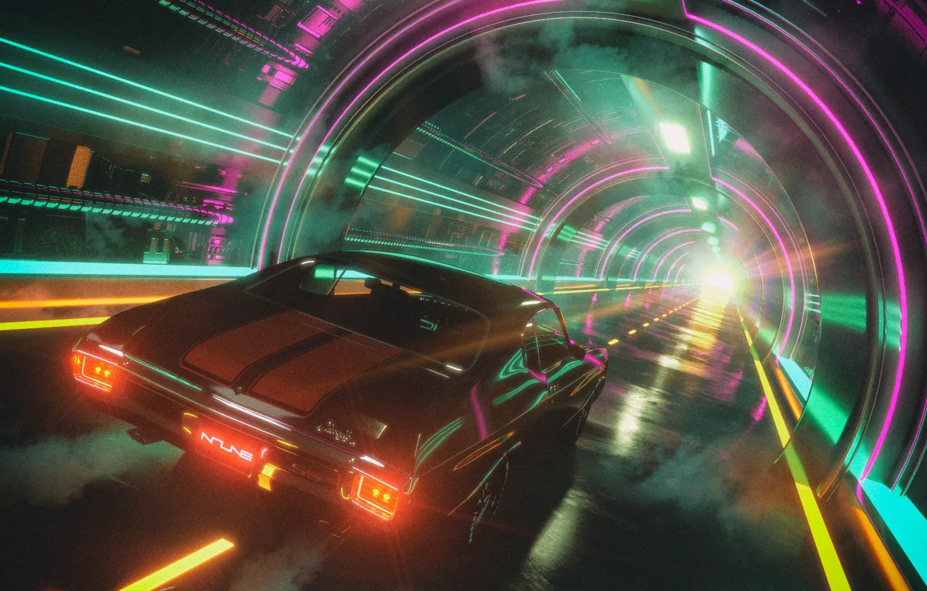 Photo wallpaper Auto, Chevrolet Chevelle SS, Chevrolet, Machine, The tunnel, 80s, 1970, Neon