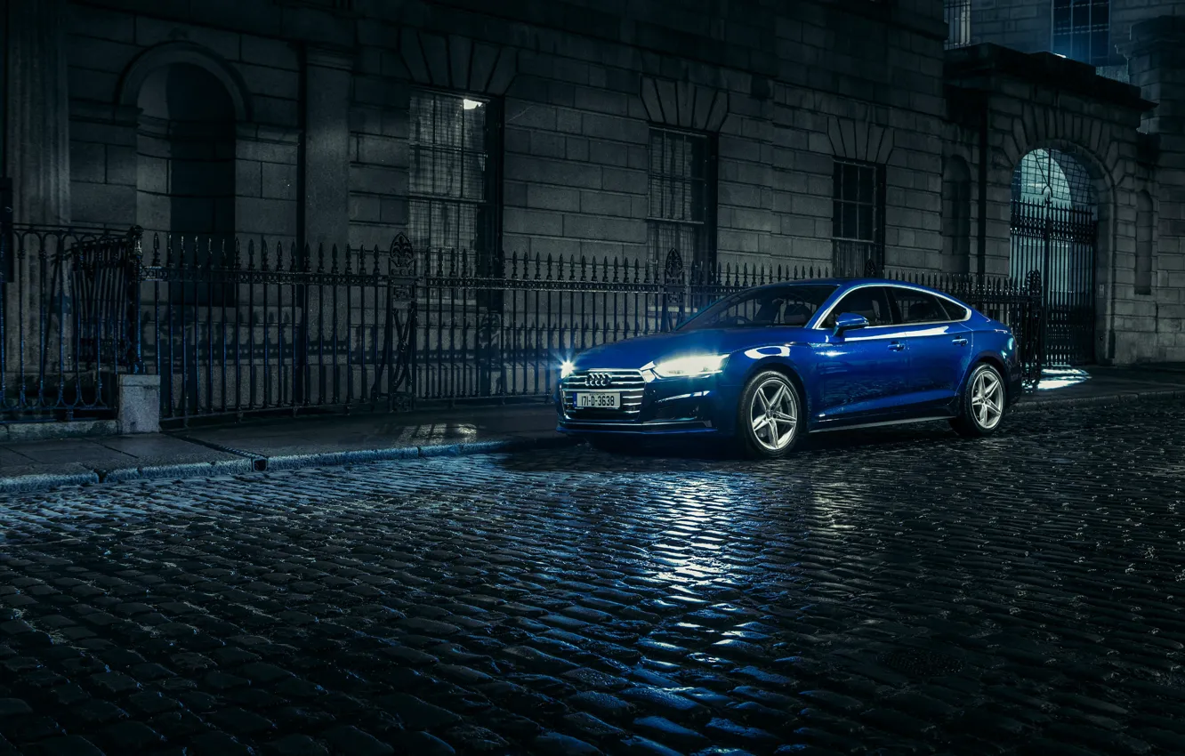 Photo wallpaper Audi, Night, Blue, Street, Car, 2.0, Sportback, 2017