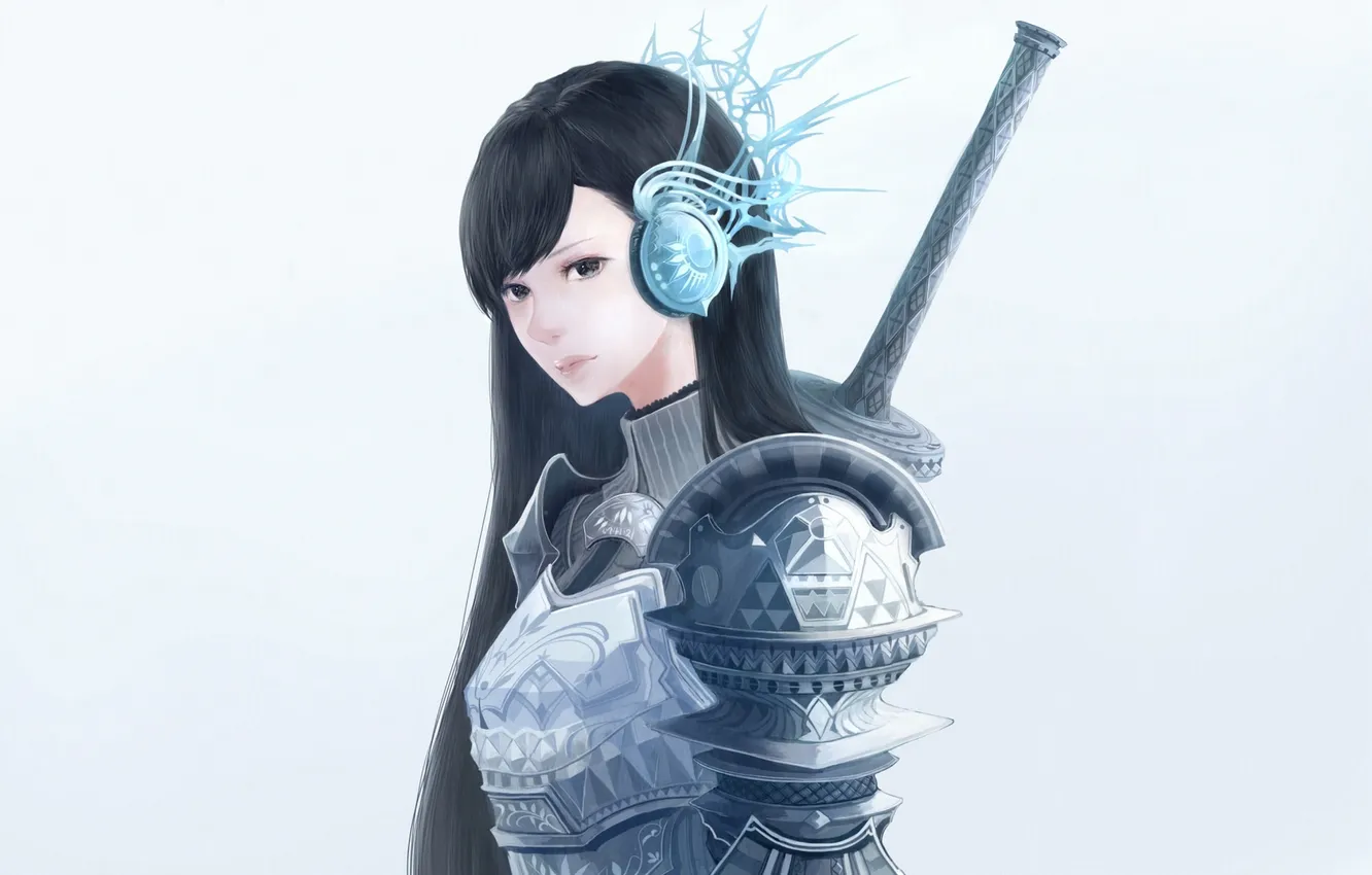 Photo wallpaper girl, weapons, sword, armor, headphones, art, the handle, bou nin