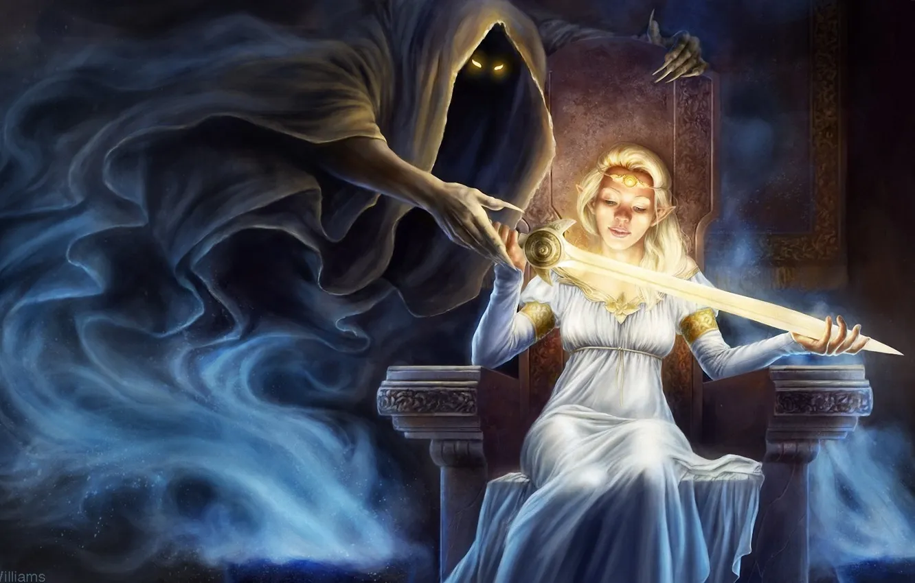 Photo wallpaper eyes, girl, magic, spirit, sword, fantasy, art, elf