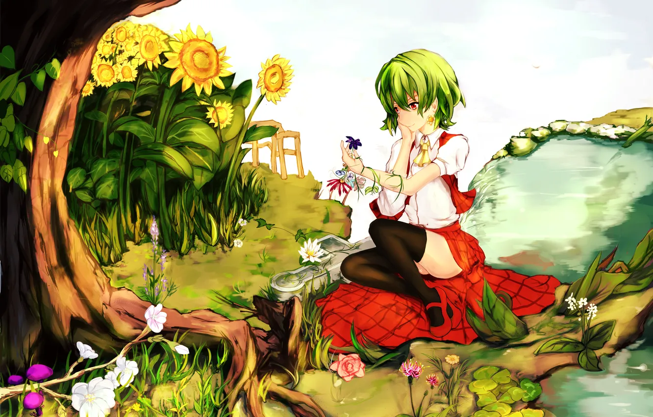 Photo wallpaper grass, water, girl, trees, sunflowers, flowers, roots, art