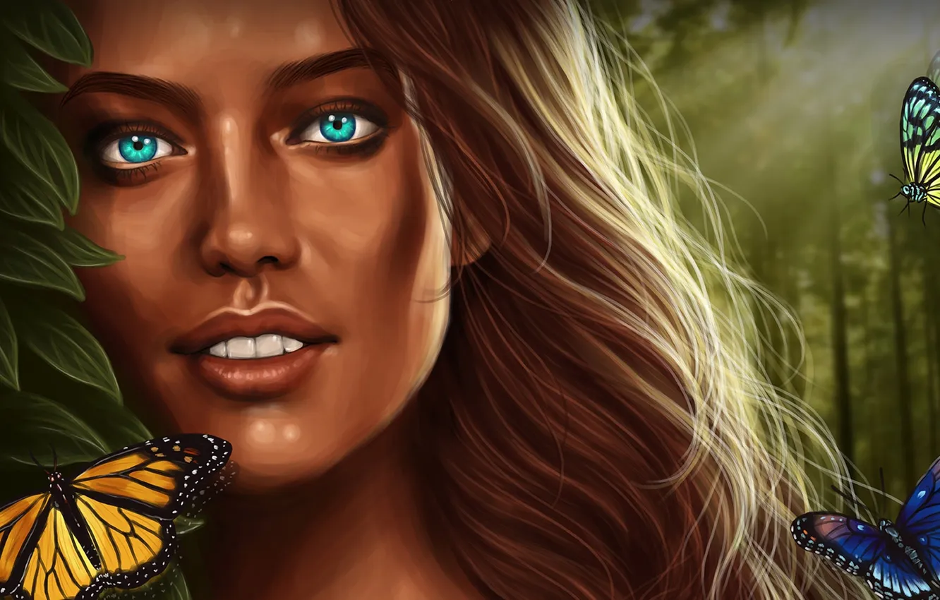 Photo wallpaper forest, eyes, girl, face, butterfly, beauty