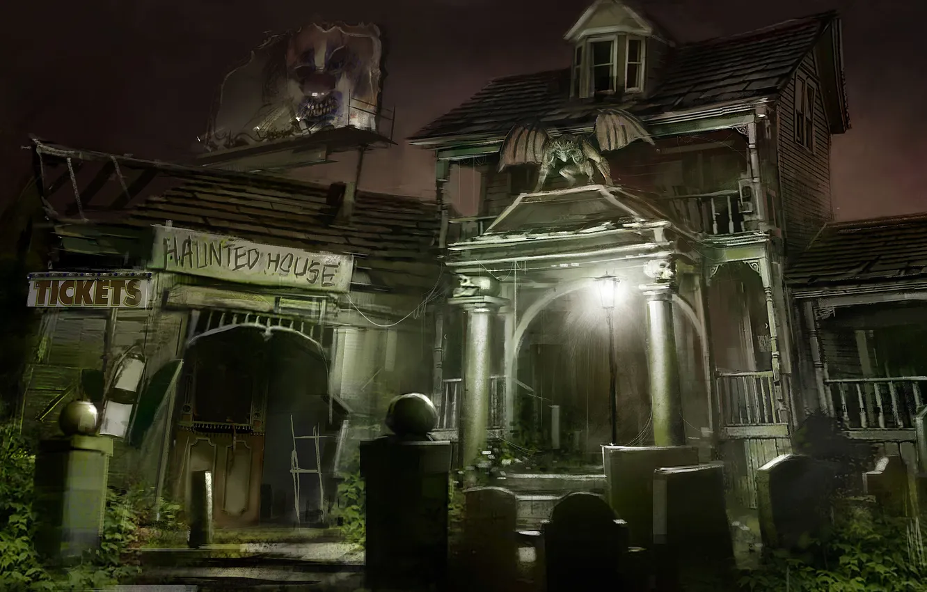 Photo wallpaper night, home, lights, cemetery, cash, gargoyle, Billboard, with ghosts
