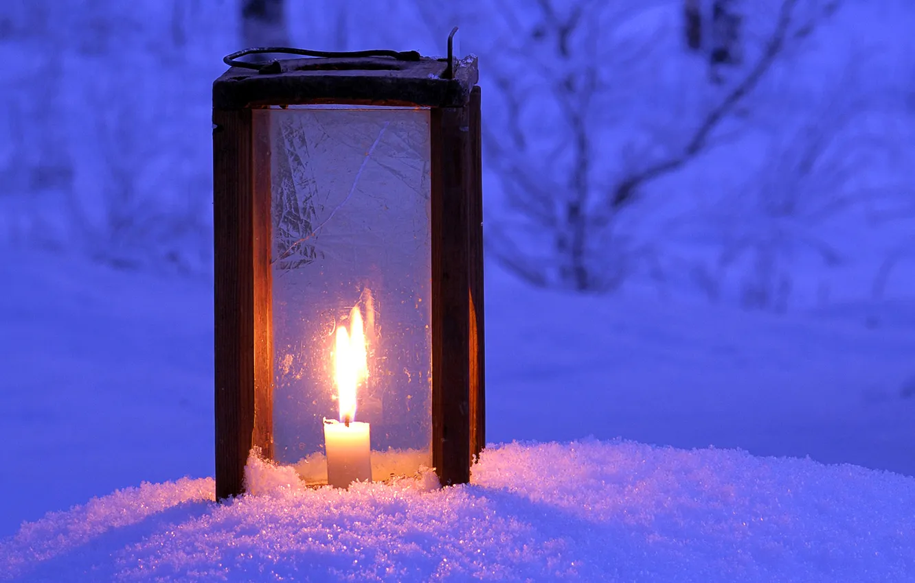 Photo wallpaper winter, light, snow, night, candle, lantern, winter, snow