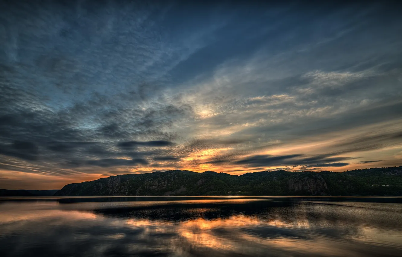 Photo wallpaper clouds, clouds, lake, reflection, rocks, twilight