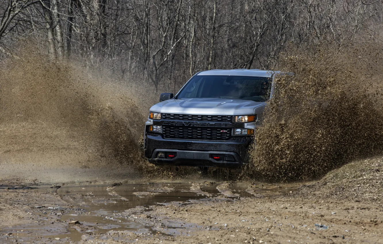 Photo wallpaper squirt, earth, Chevrolet, dirt, pickup, Custom, Silverado, 2020