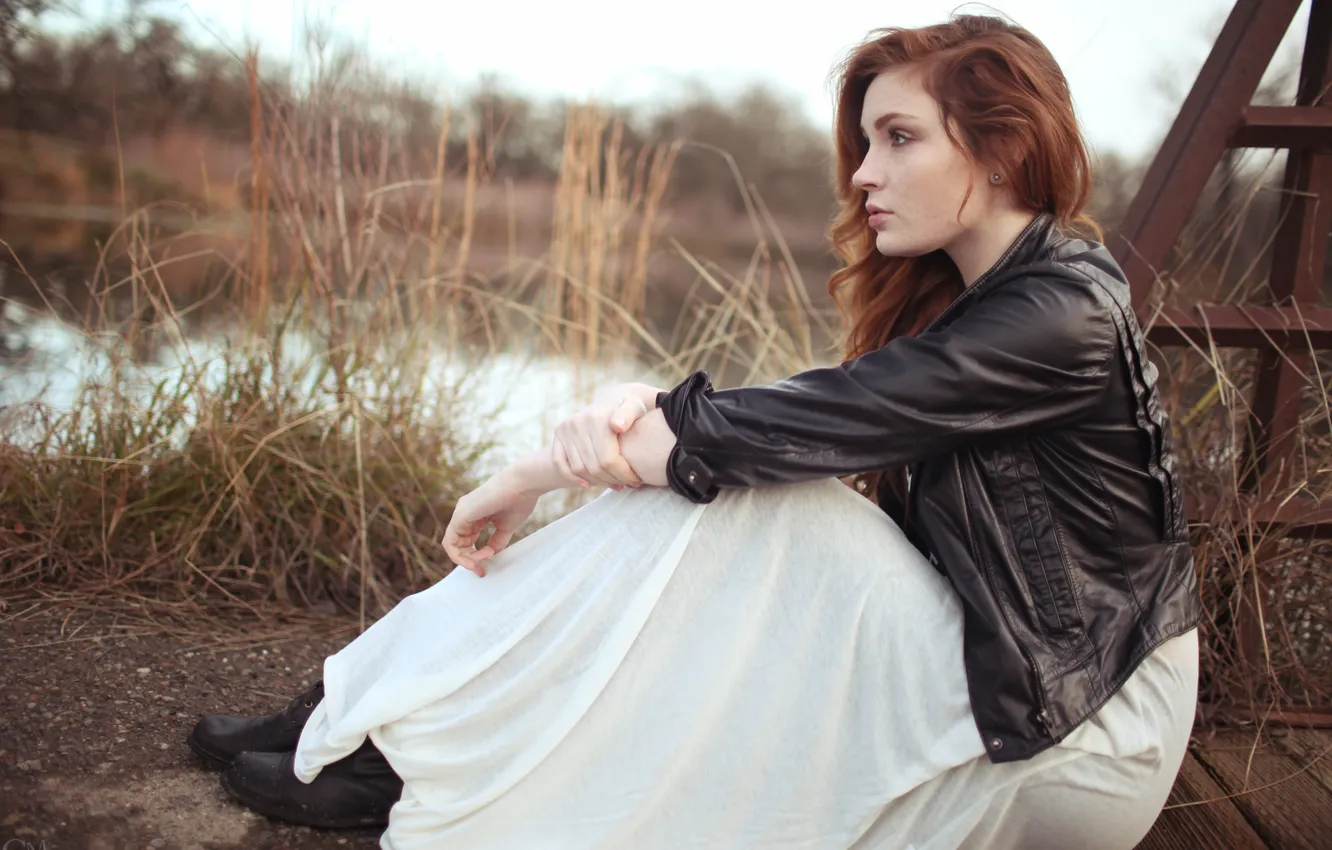 Photo wallpaper girl, grass, dress, nature, woman, bridge, water, model