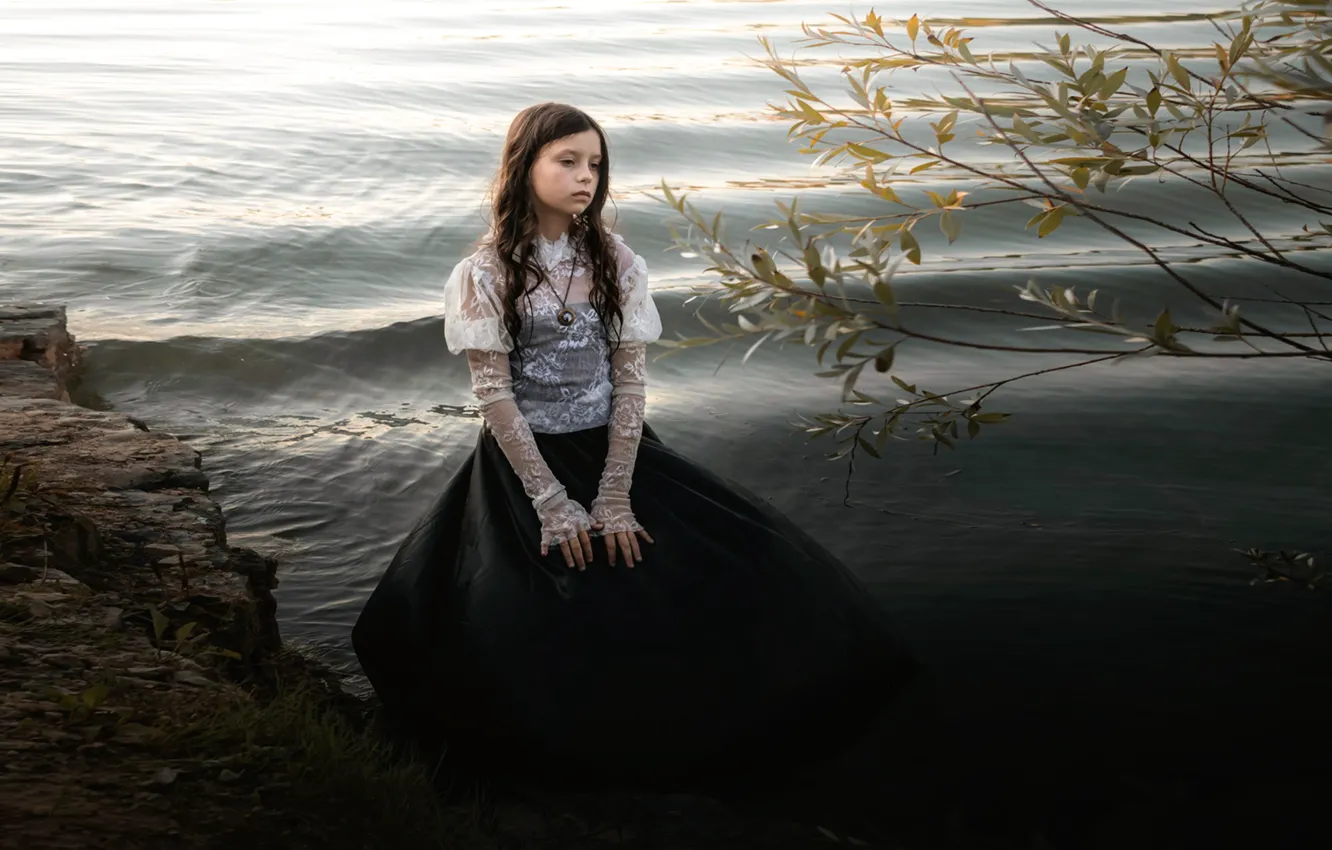 Photo wallpaper water, river, shore, dress, girl