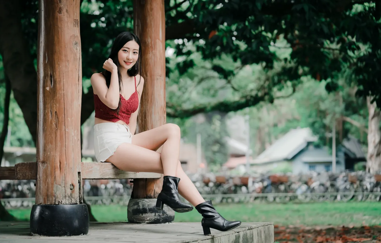 Photo wallpaper look, girl, hair, shorts, topic, legs, Asian, sitting