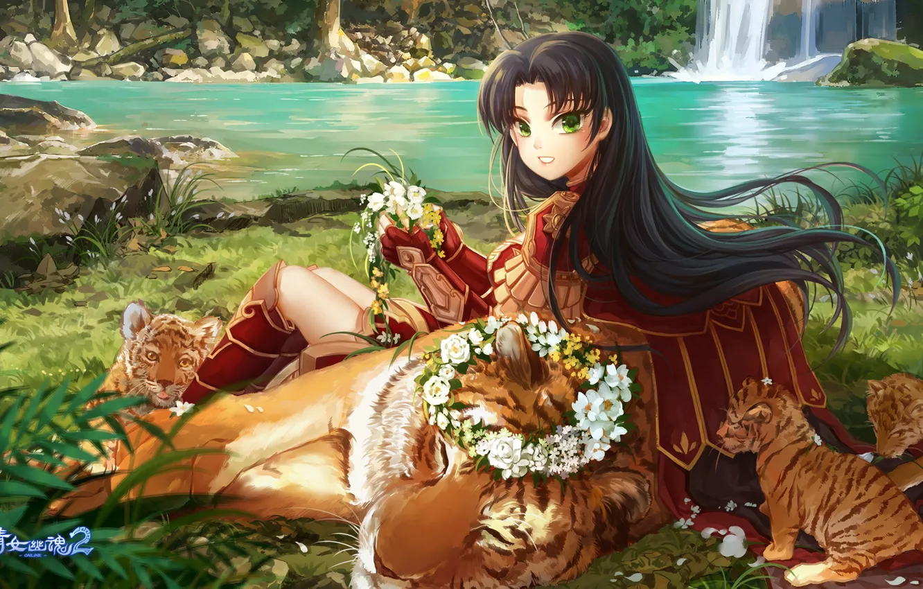 Photo wallpaper girl, tiger, the game, anime, art, wreath, character, tiger