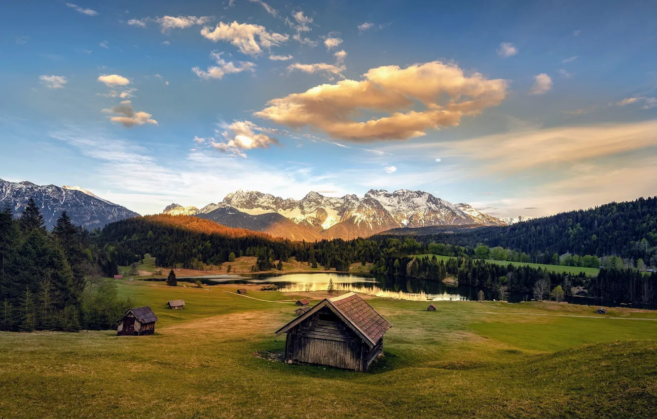 Photo wallpaper forest, clouds, mountains, lake, field, Alps, houses, meadows