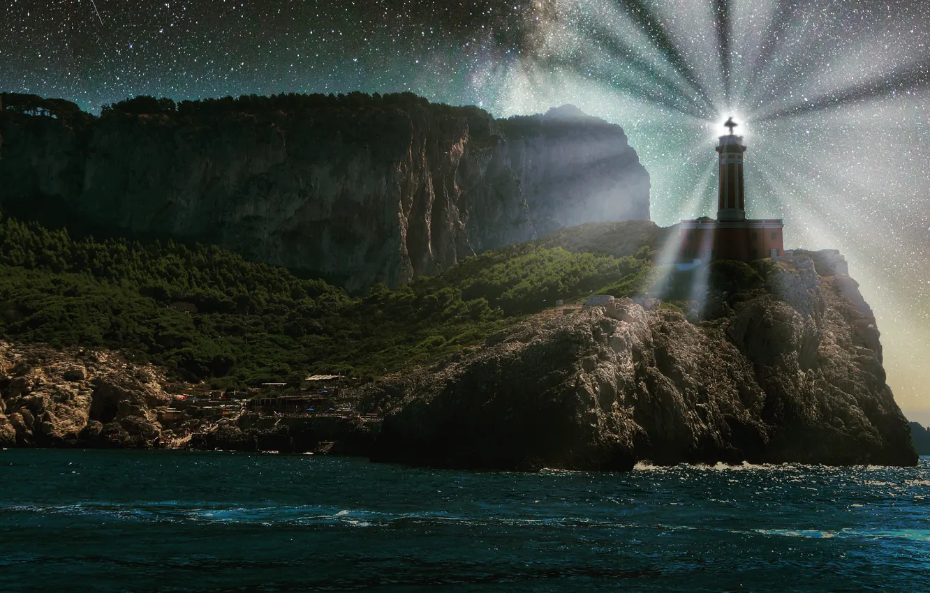 Photo wallpaper sea, stars, rays, light, mountains, rocks, shore, lighthouse