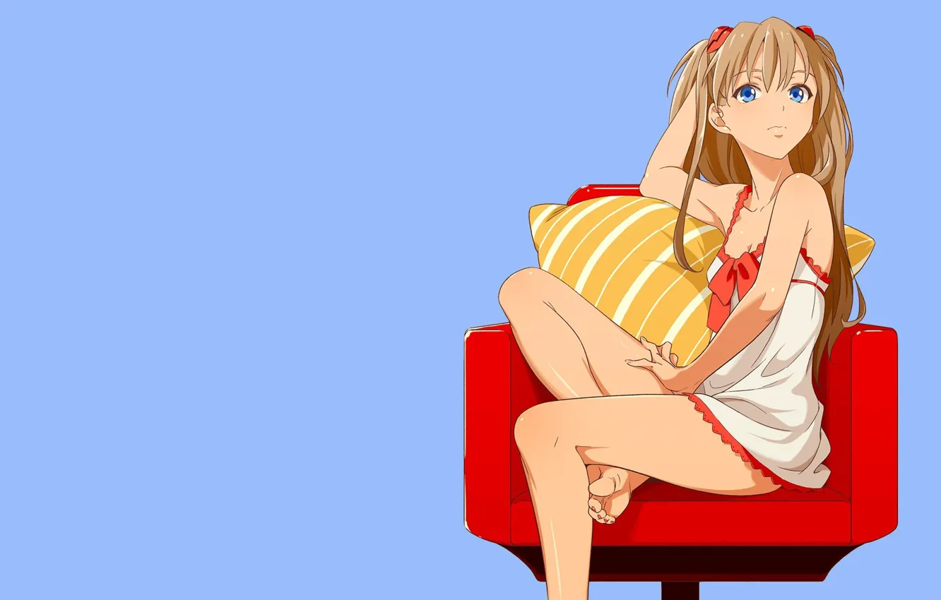 Photo wallpaper Neon Genesis Evangelion, long hair, Asuka Langley Soryu, chair, anime girls, nightwear