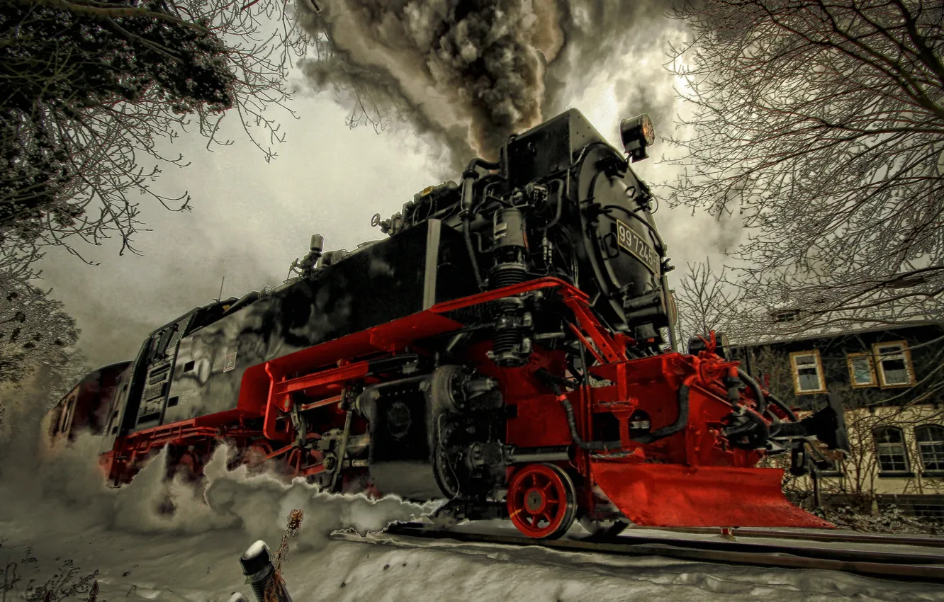 Photo wallpaper winter, snow, the engine