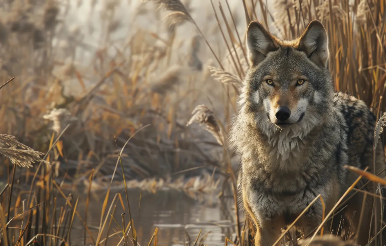 Photo wallpaper look, face, water, wolf, reed, digital art, AI art, The Art of Artificial Intelligence