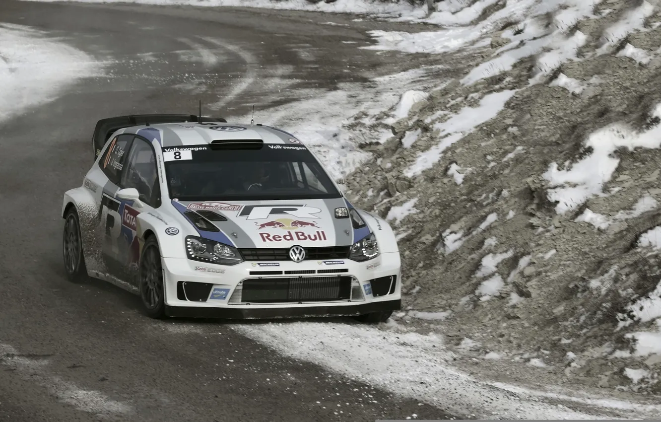 Photo wallpaper Winter, Volkswagen, Race, The hood, WRC, Rally, The front, Polo
