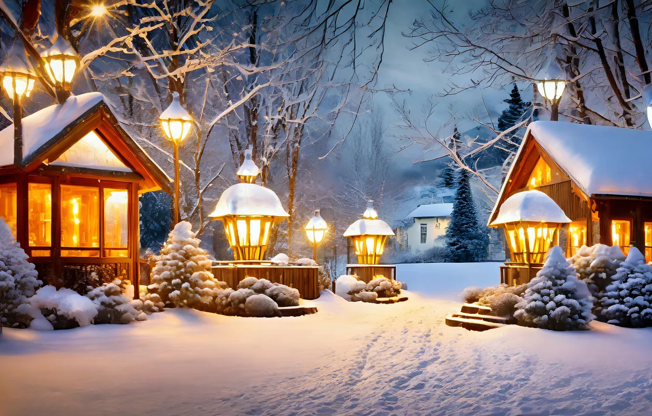 Photo wallpaper winter, snow, night, new year, Christmas, lights, Christmas, night