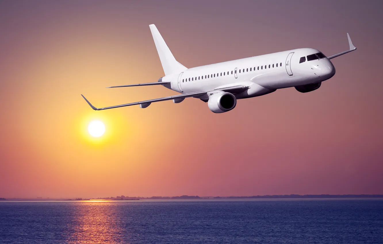Photo wallpaper sea, the sky, the sun, flight, dawn, coast, the plane, passenger