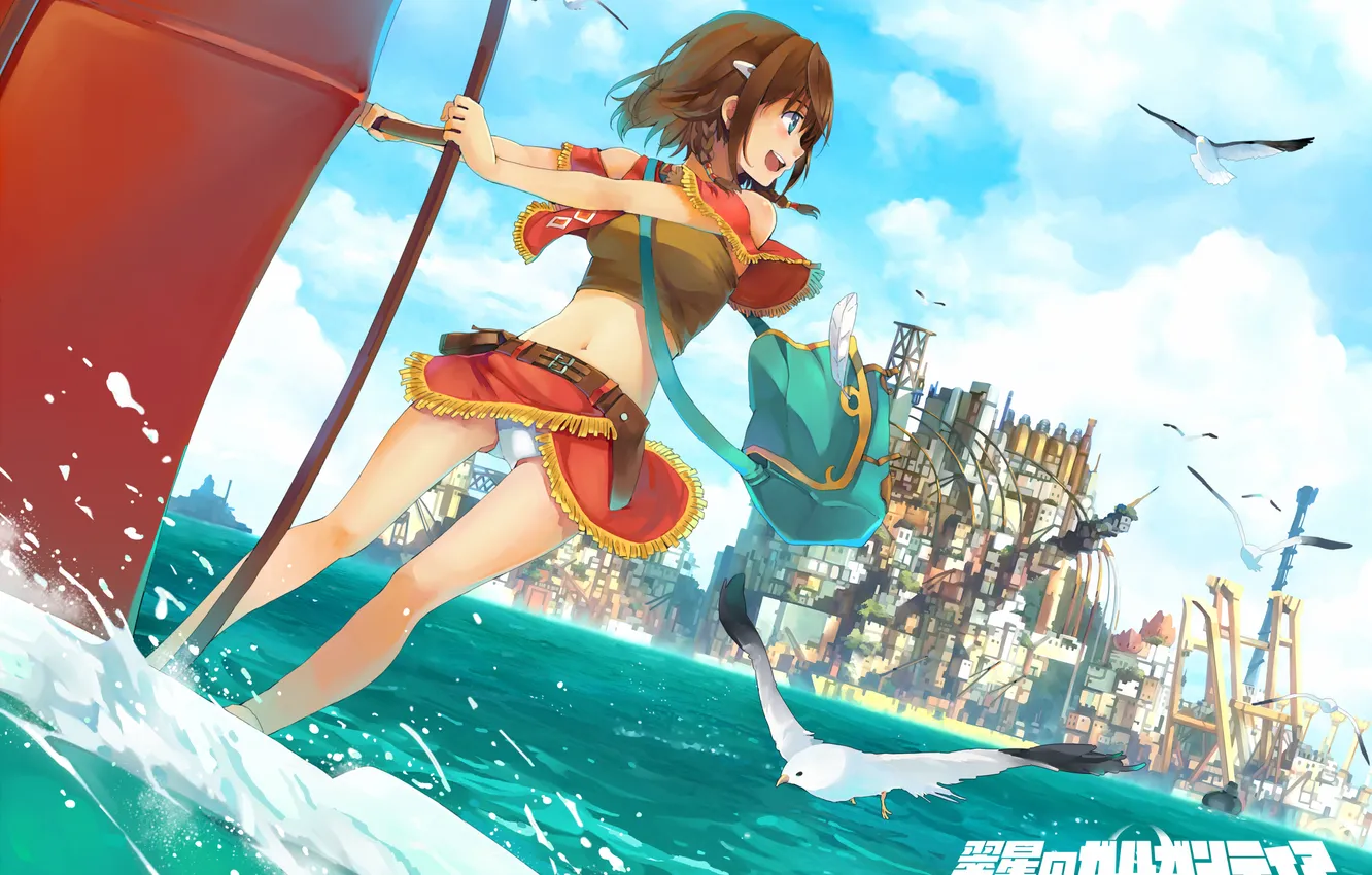 Photo wallpaper sea, girl, joy, the city, seagulls, art, Amy, Suisei no Gargantia