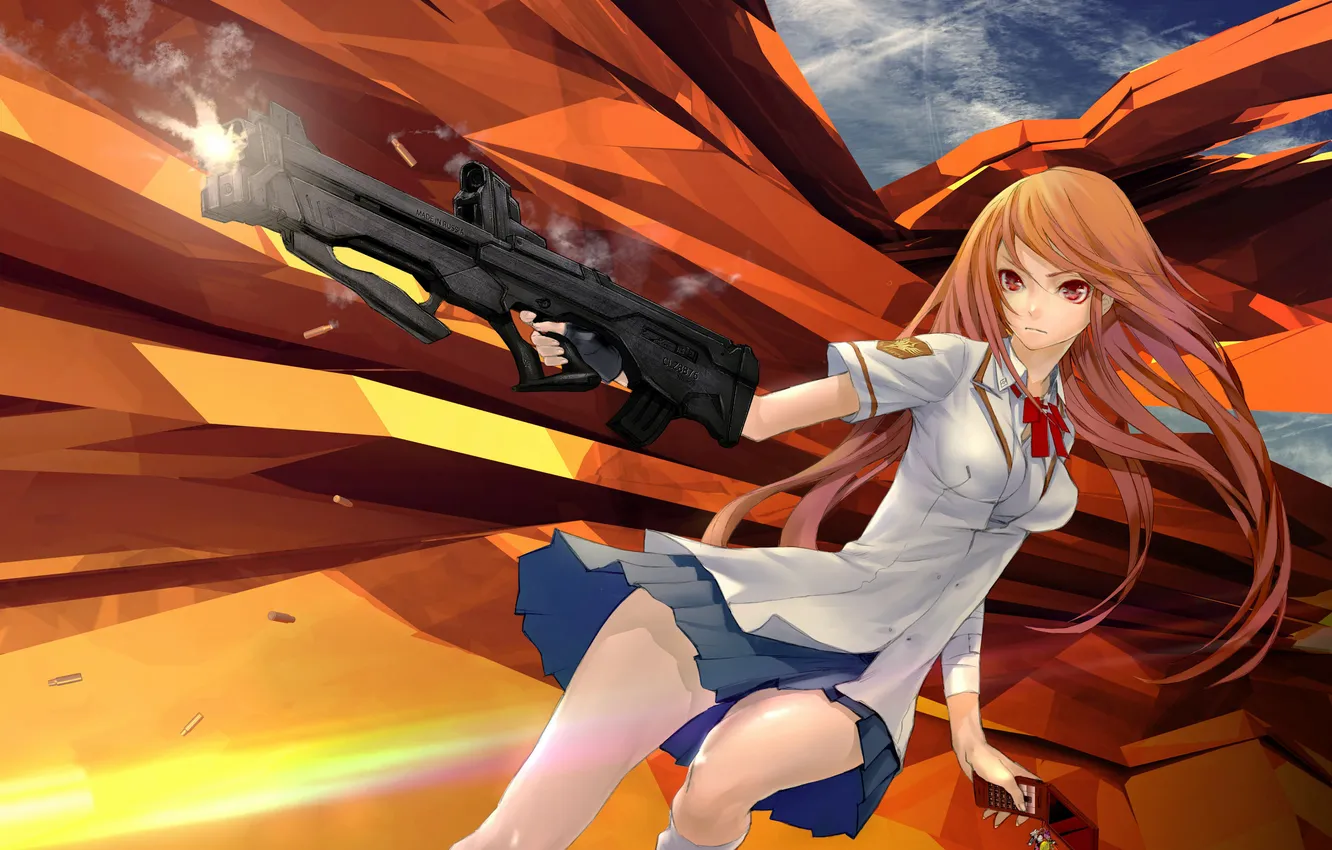 Photo wallpaper the sky, weapons, Girl, phone, cartridges, keychain