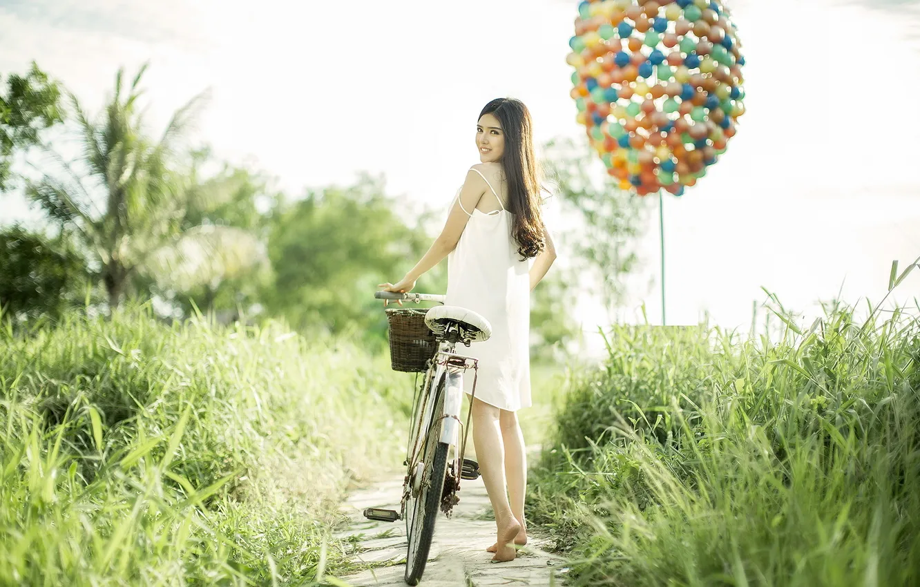 Photo wallpaper girl, bike, balls
