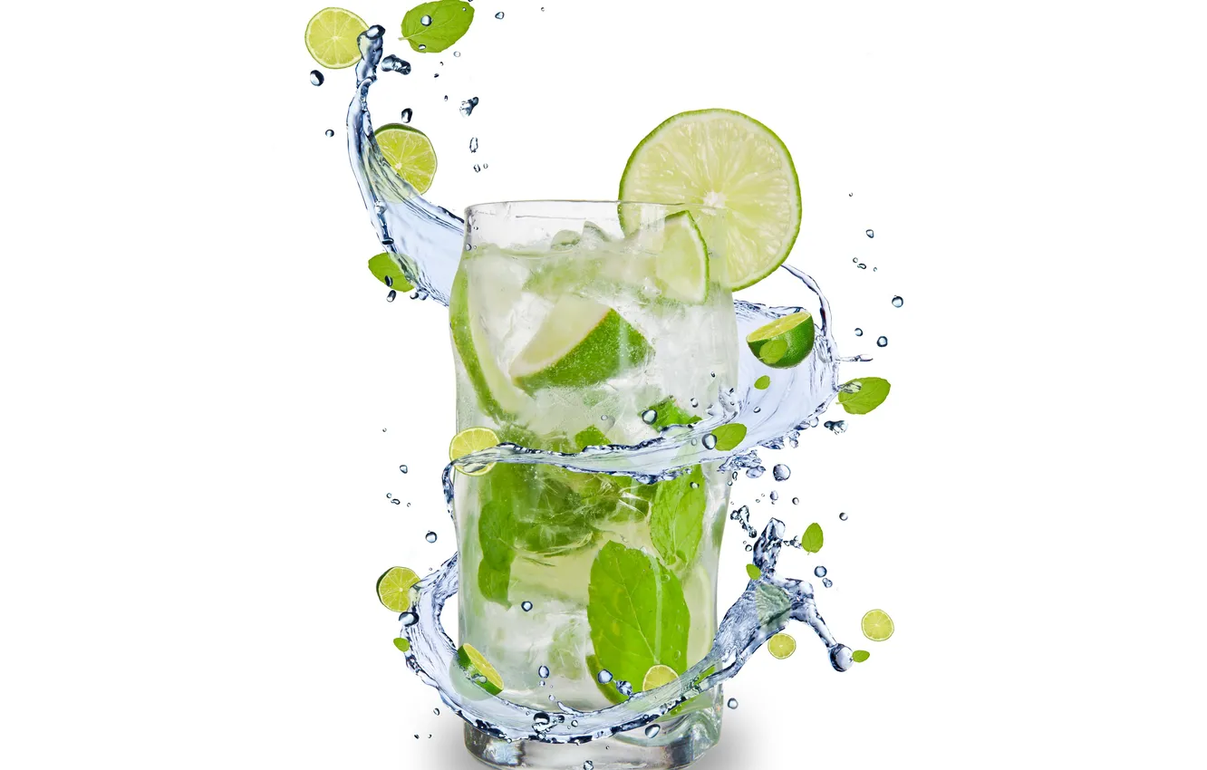 Photo wallpaper ice, squirt, cocktail, fruits on white background