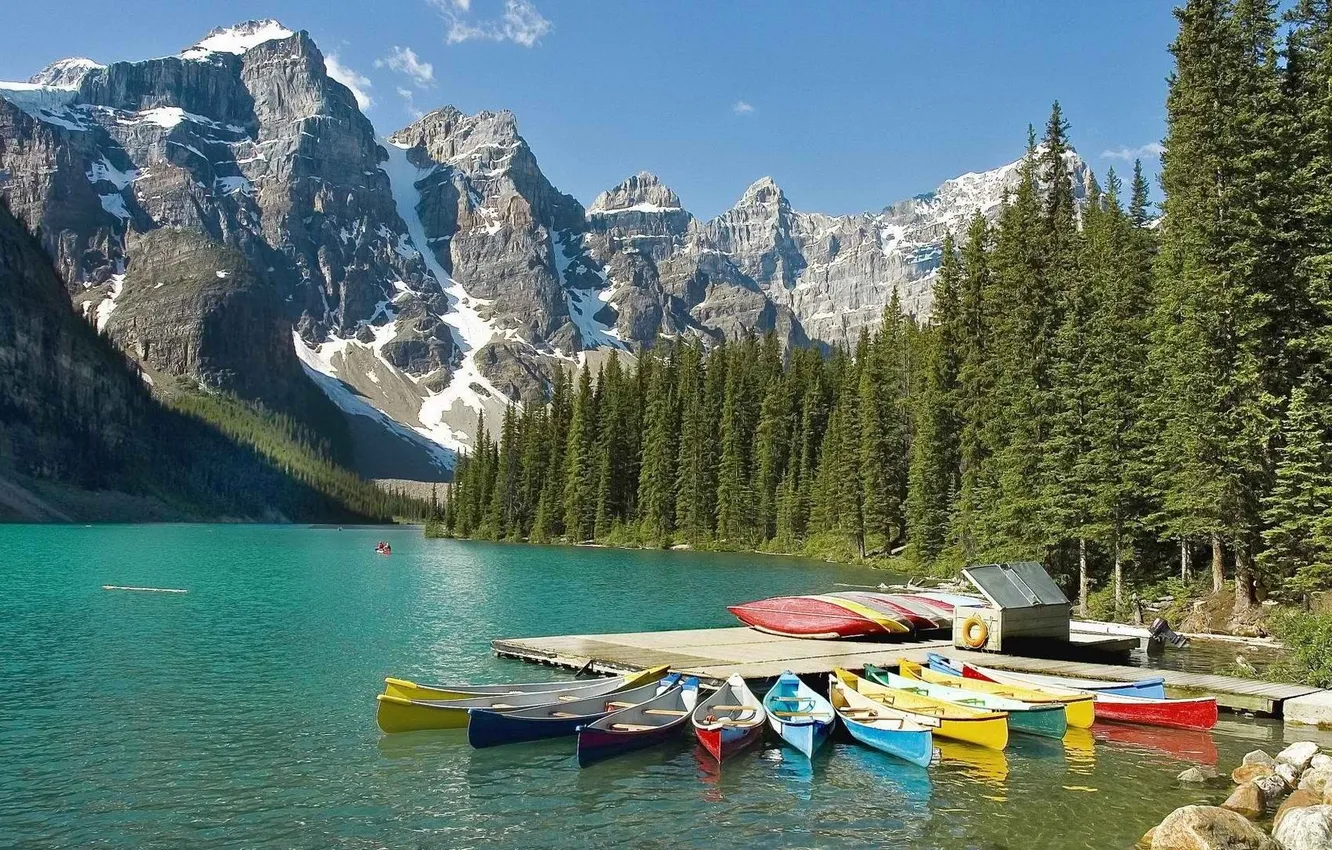Photo wallpaper forest, the sky, snow, mountains, river, background, boat, Banff National Park