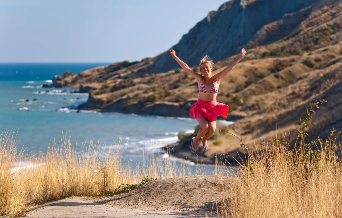 Photo wallpaper sand, beach, girl, joy, jump, shore, delight