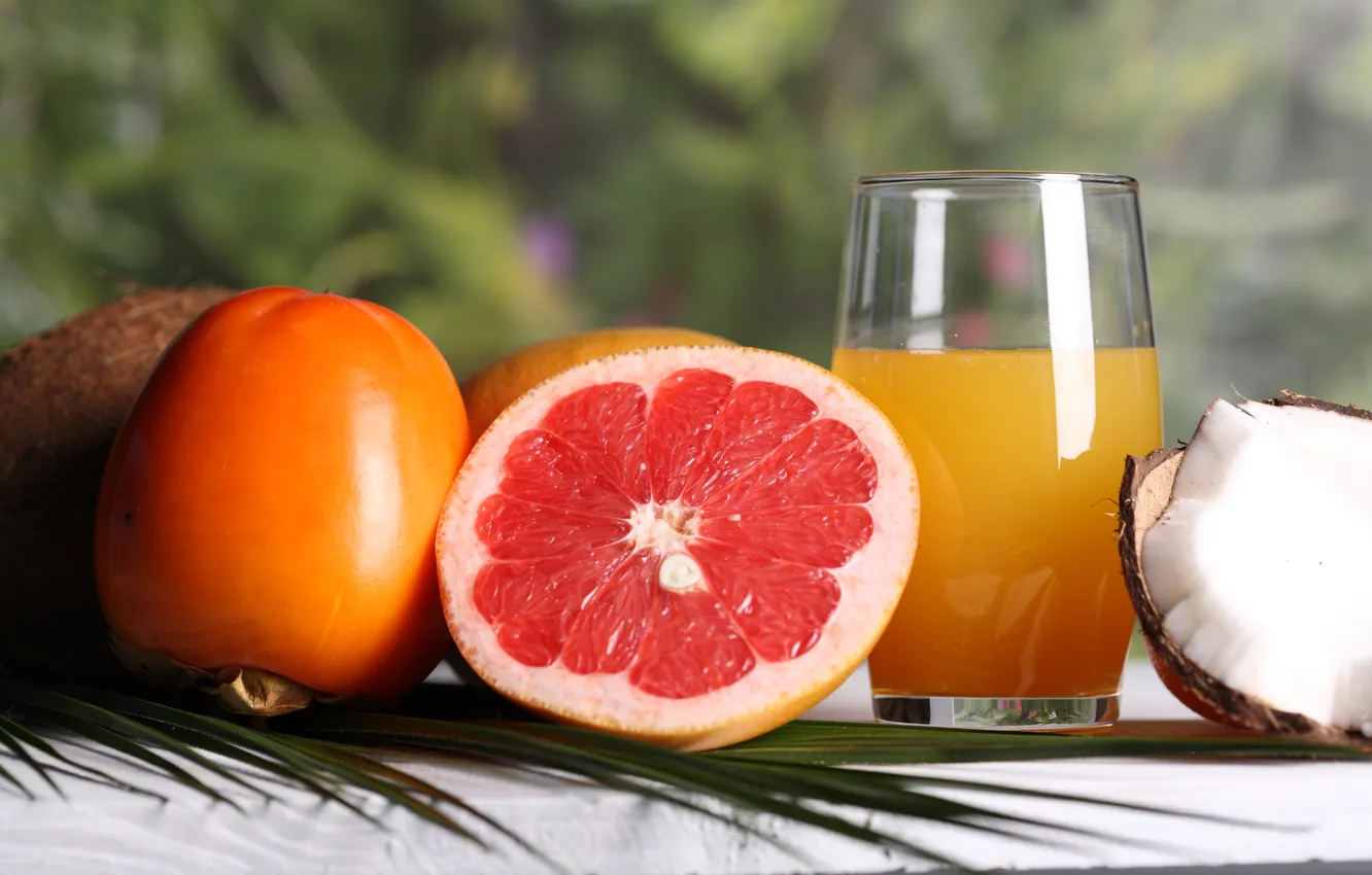 Photo wallpaper coconut, juice, fruit, grapefruit, persimmon, orange