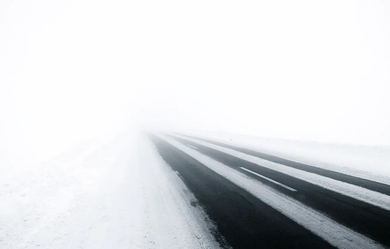 Photo wallpaper cold, road, white, asphalt, snow, fog, the way, Abyss