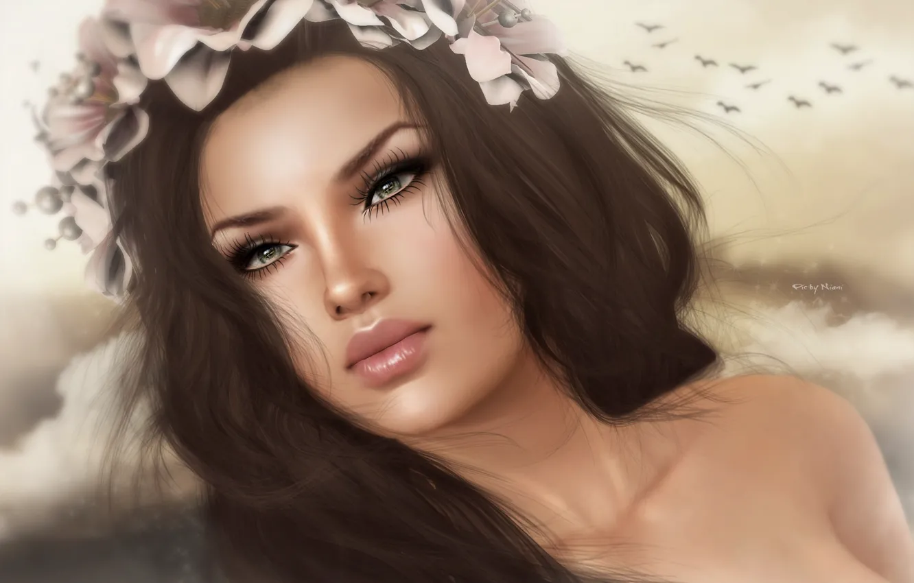 Photo wallpaper girl, face, hair, portrait, brunette, wreath