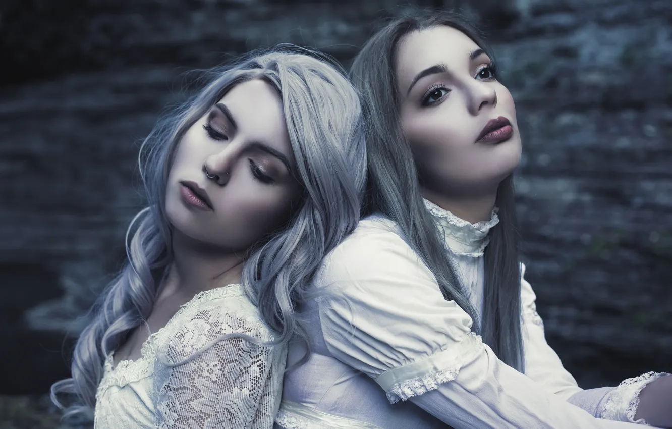 Photo wallpaper look, girl, background, two, portrait, dress, blonde, beauty