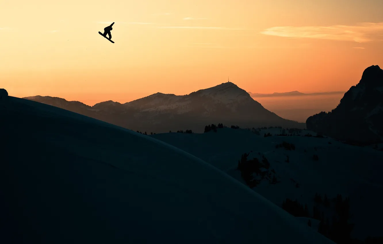 Photo wallpaper the sun, sunset, mountains, jump, snowboard, freeride