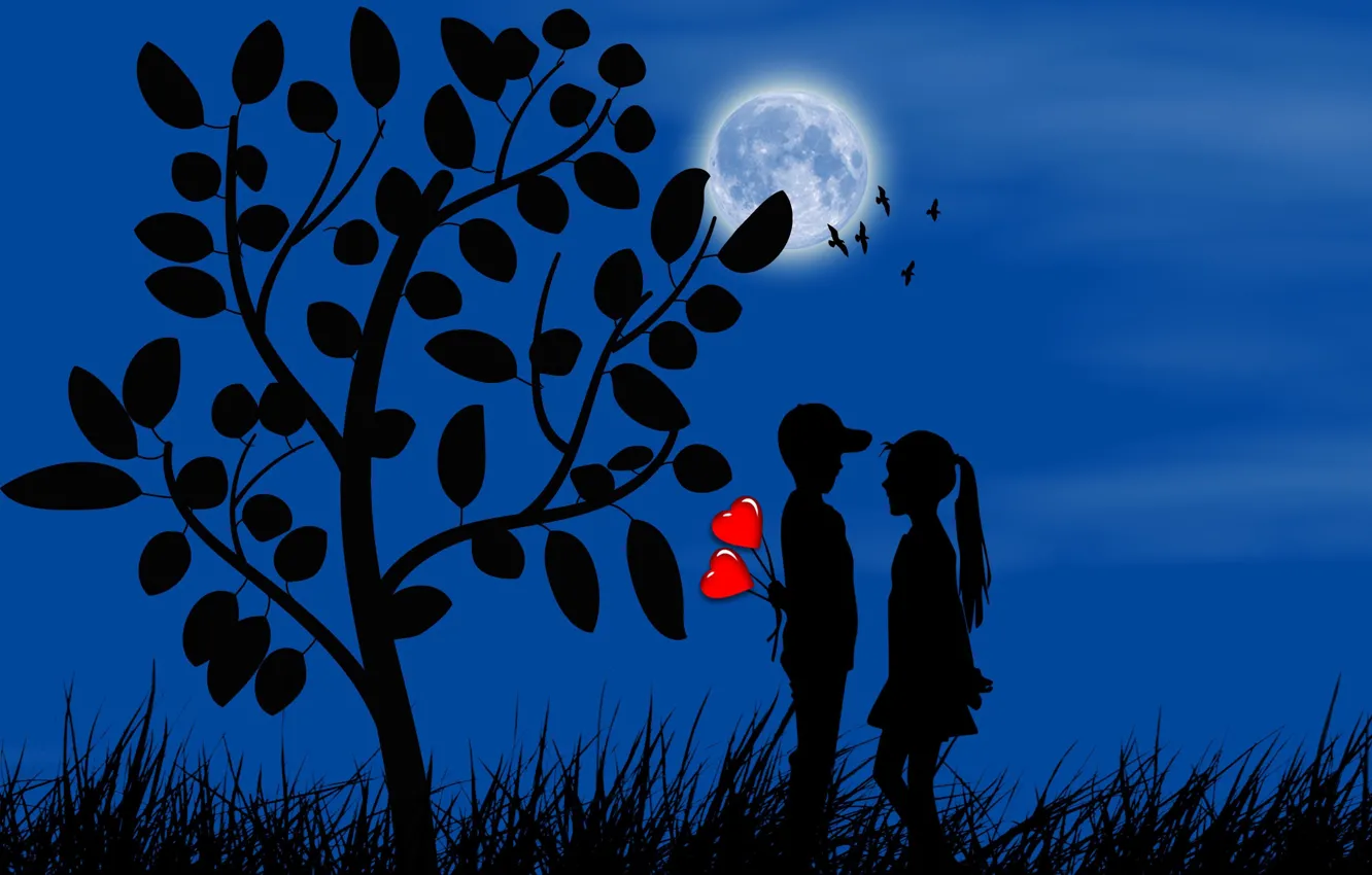 Photo wallpaper the moon, romance, boy, girl, hearts, silhouettes, date, first love