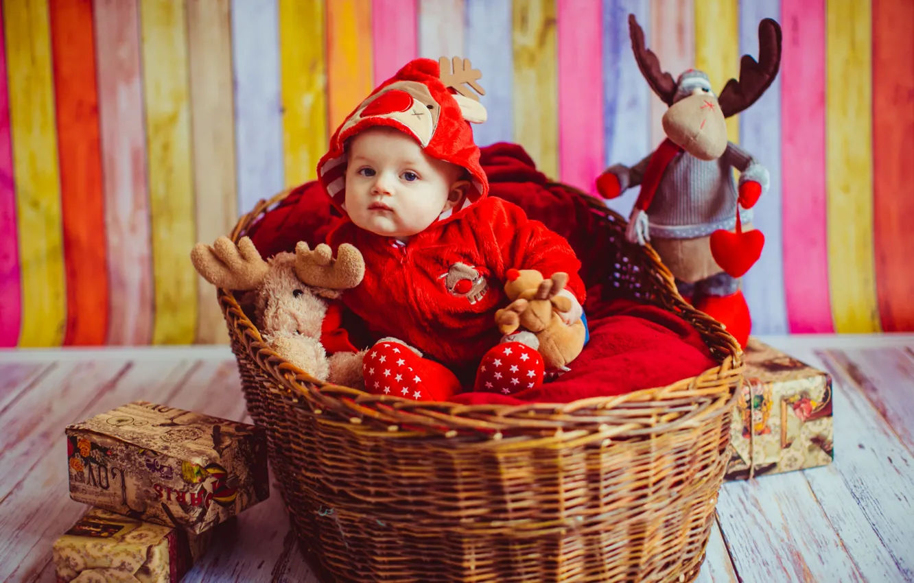 Photo wallpaper basket, toy, boy, baby, costume, baby