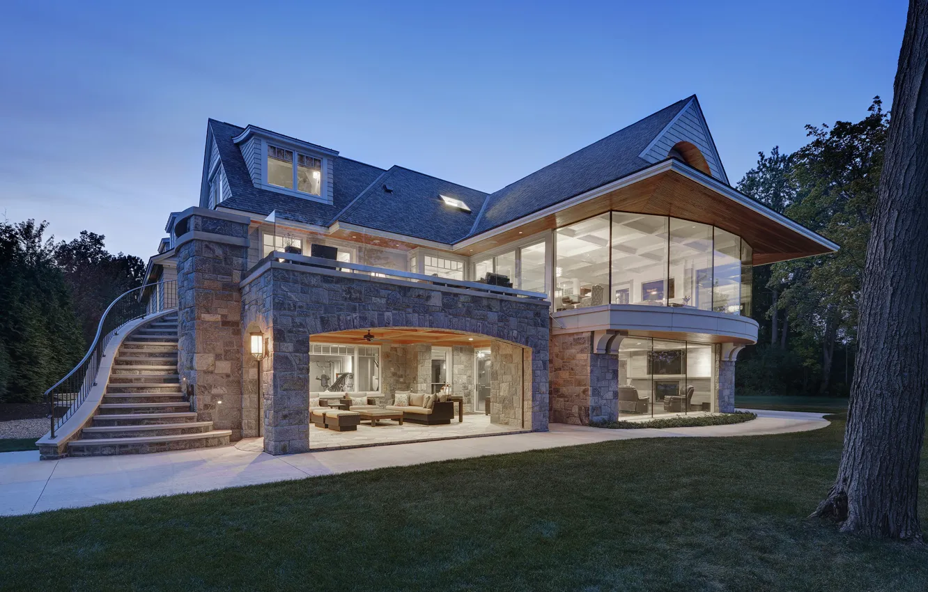 Photo wallpaper Villa, the evening, lighting, Michigan, architecture, Michigan, Lake House, Outside-Inside House