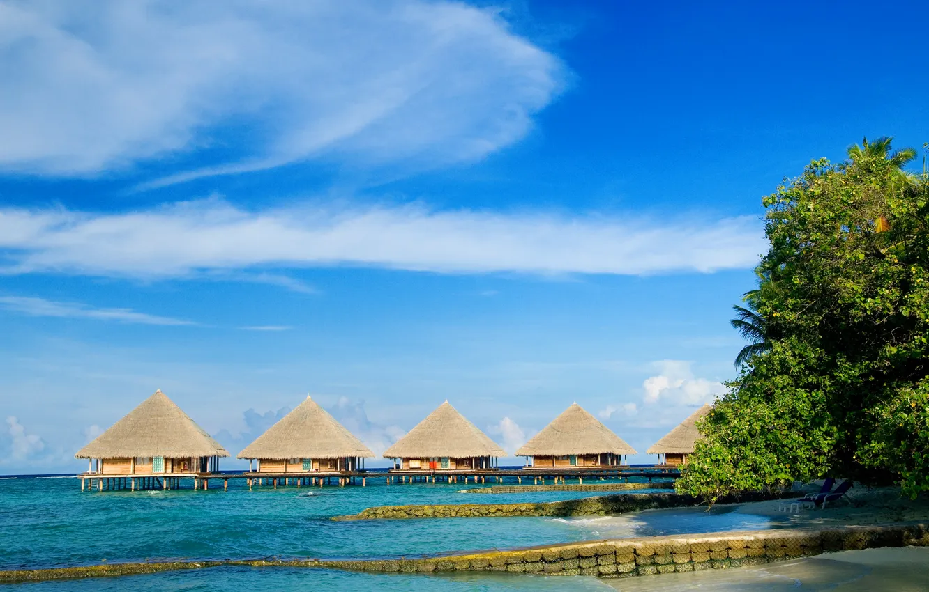Photo wallpaper sea, beach, summer, the sky, palm trees, vacation, summer, hut
