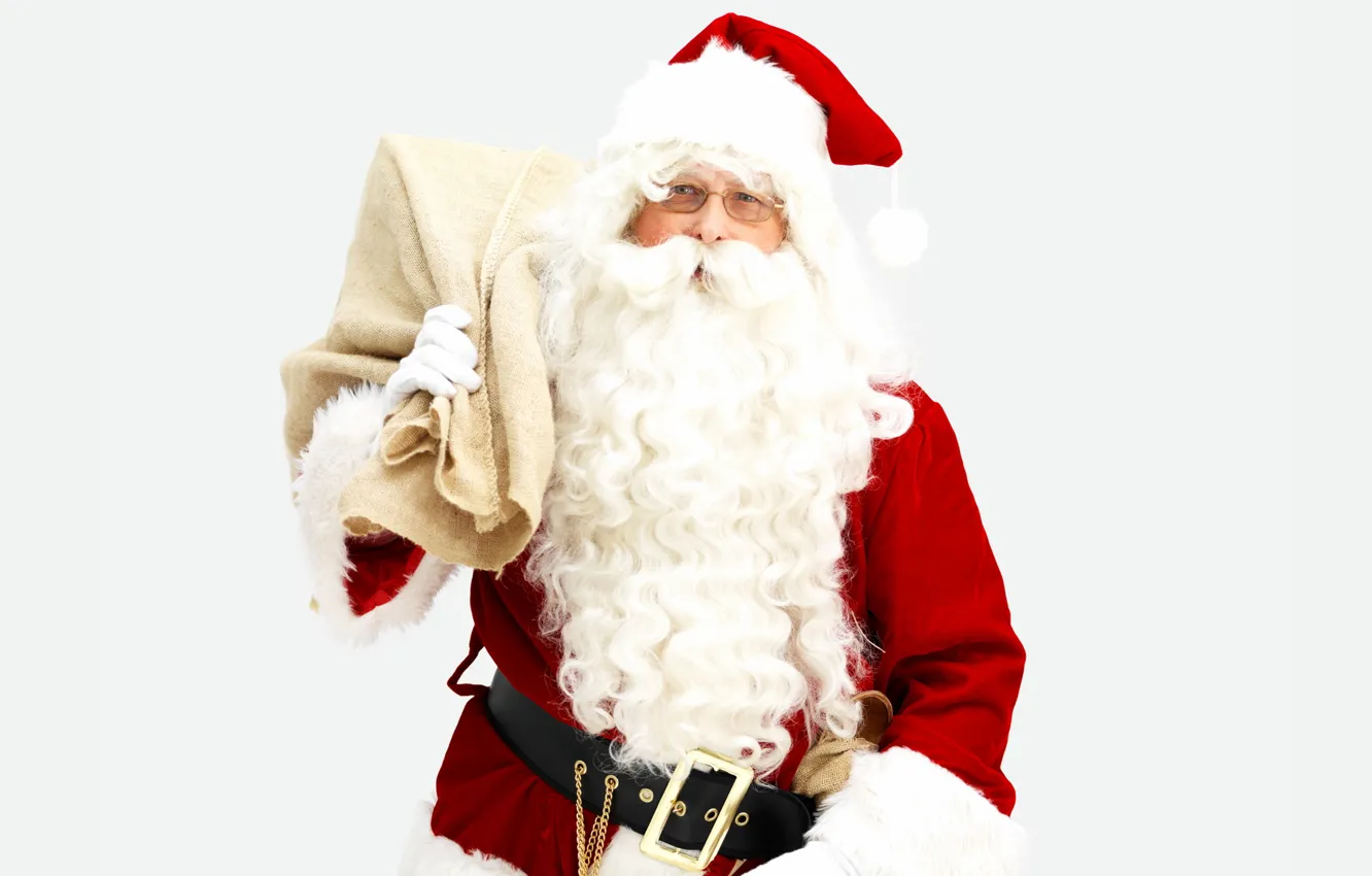 Photo wallpaper red, holiday, gift, new year, glasses, costume, white background, beard