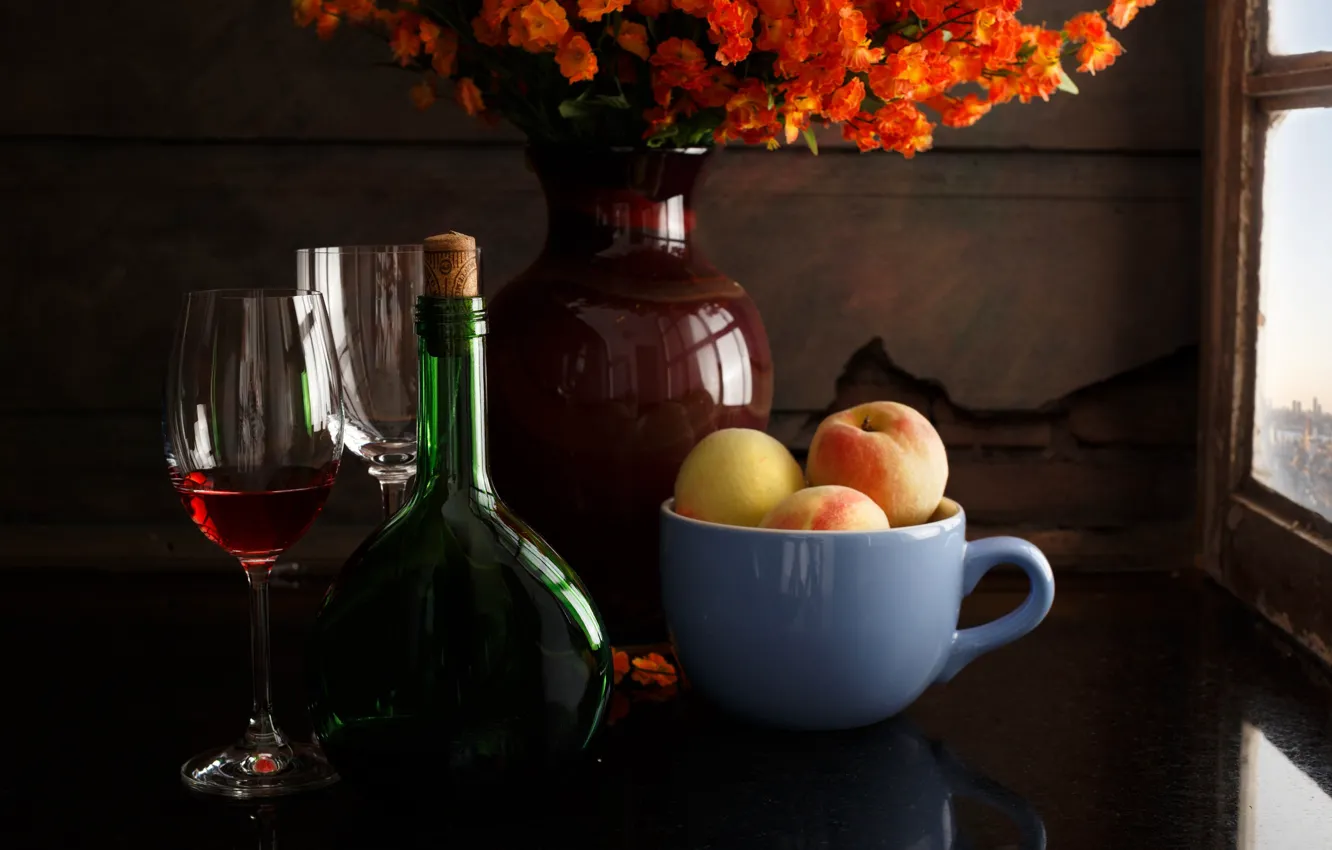 Photo wallpaper flowers, style, wine, bottle, glasses, mug, vase, still life