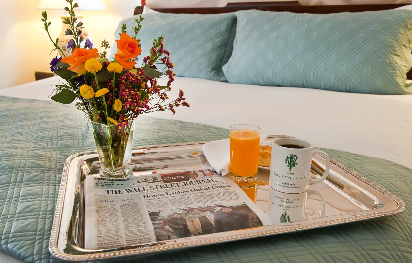 Photo wallpaper coffee, Breakfast, bed