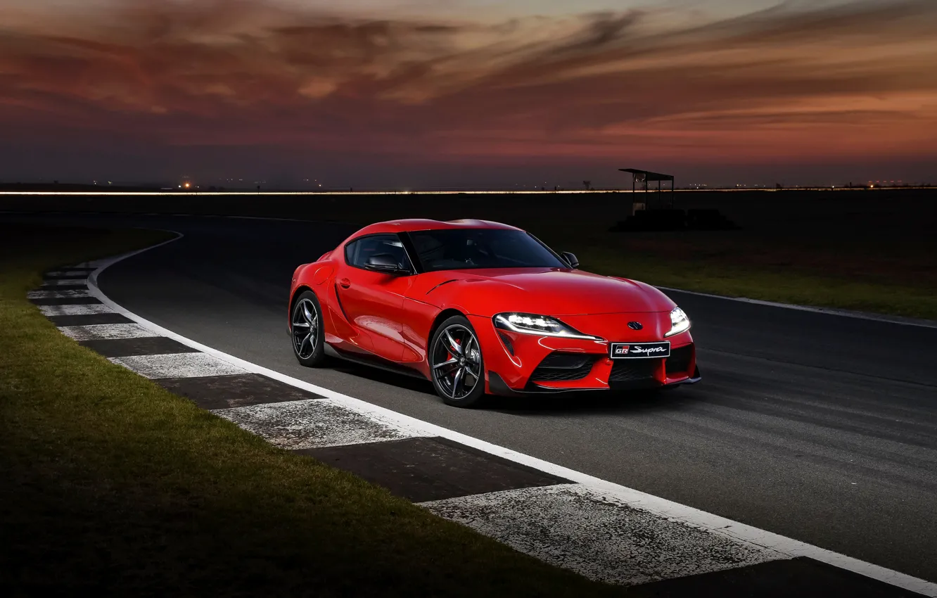 Photo wallpaper red, coupe, track, the evening, Toyota, Supra, the fifth generation, mk5