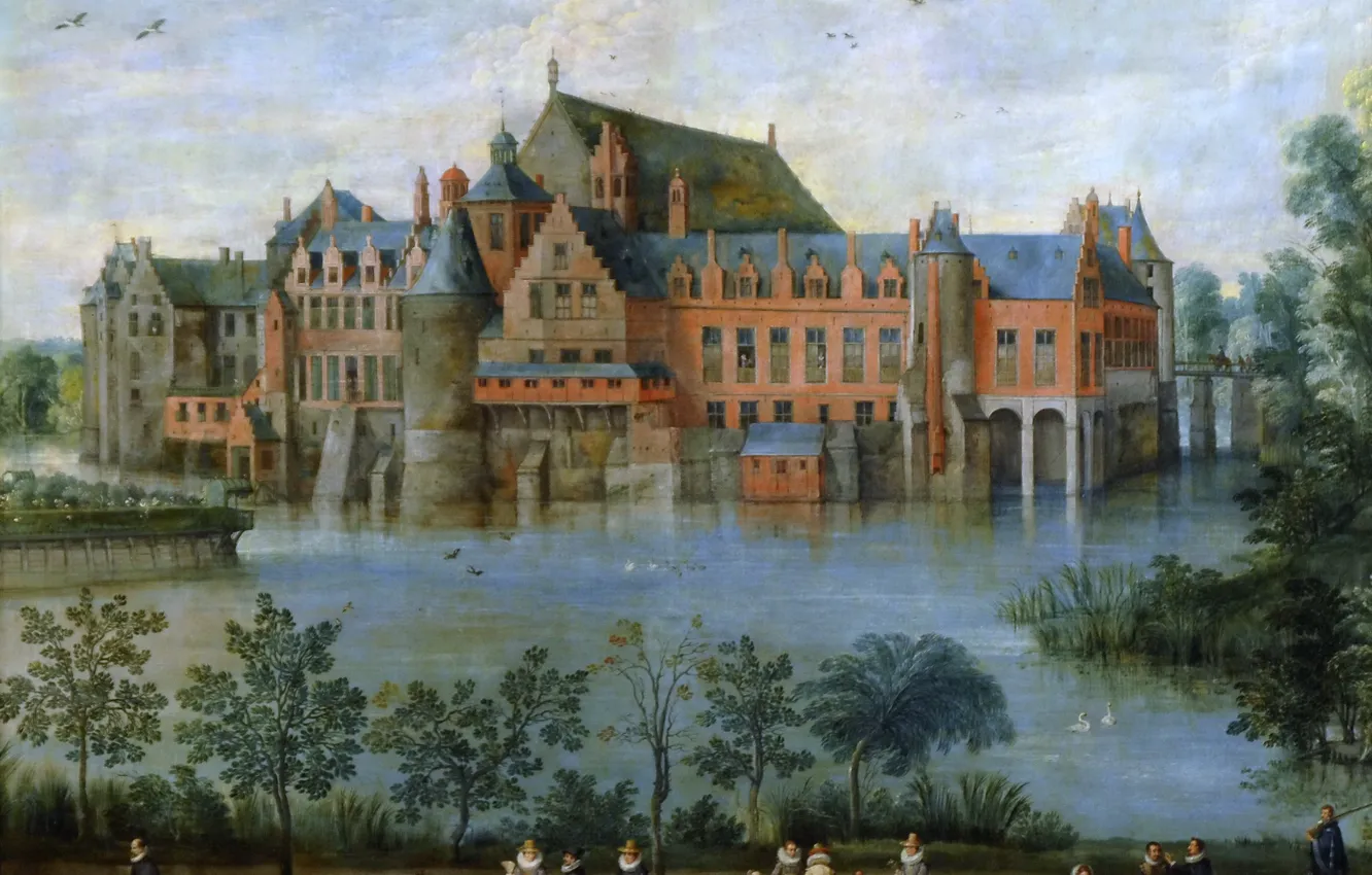 Photo wallpaper trees, landscape, pond, castle, people, picture, Jan Brueghel