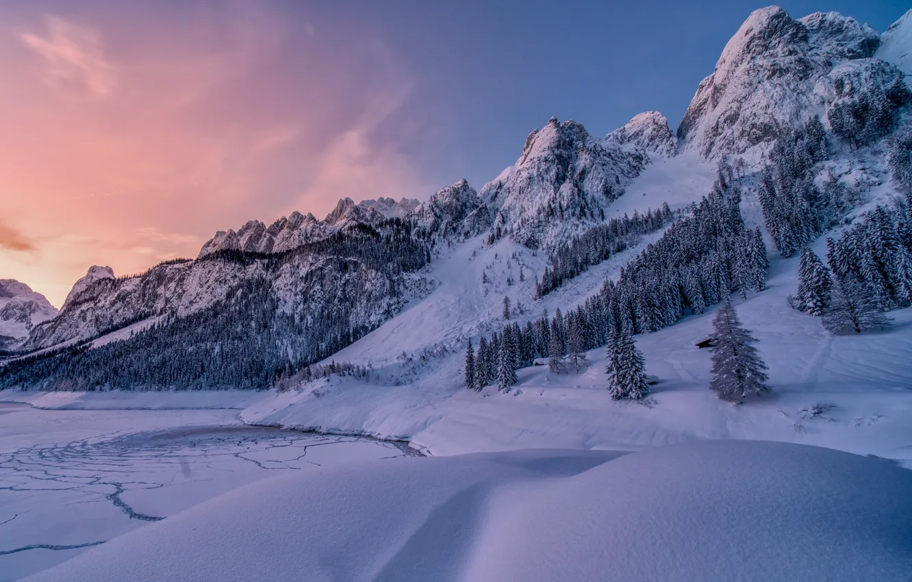 Photo wallpaper ice, winter, forest, snow, mountains, lake, slope