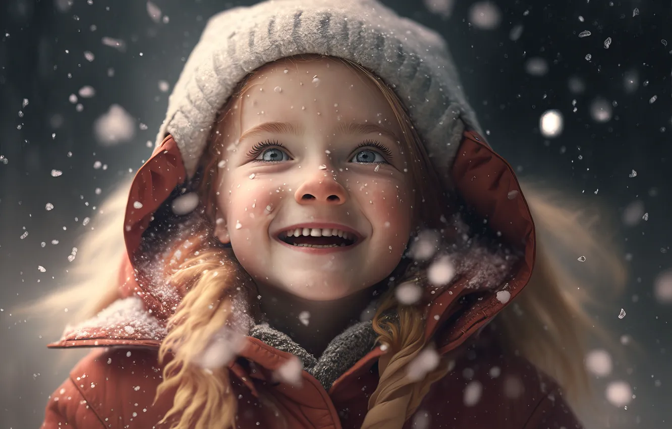Photo wallpaper winter, look, snow, joy, children, childhood, face, smile