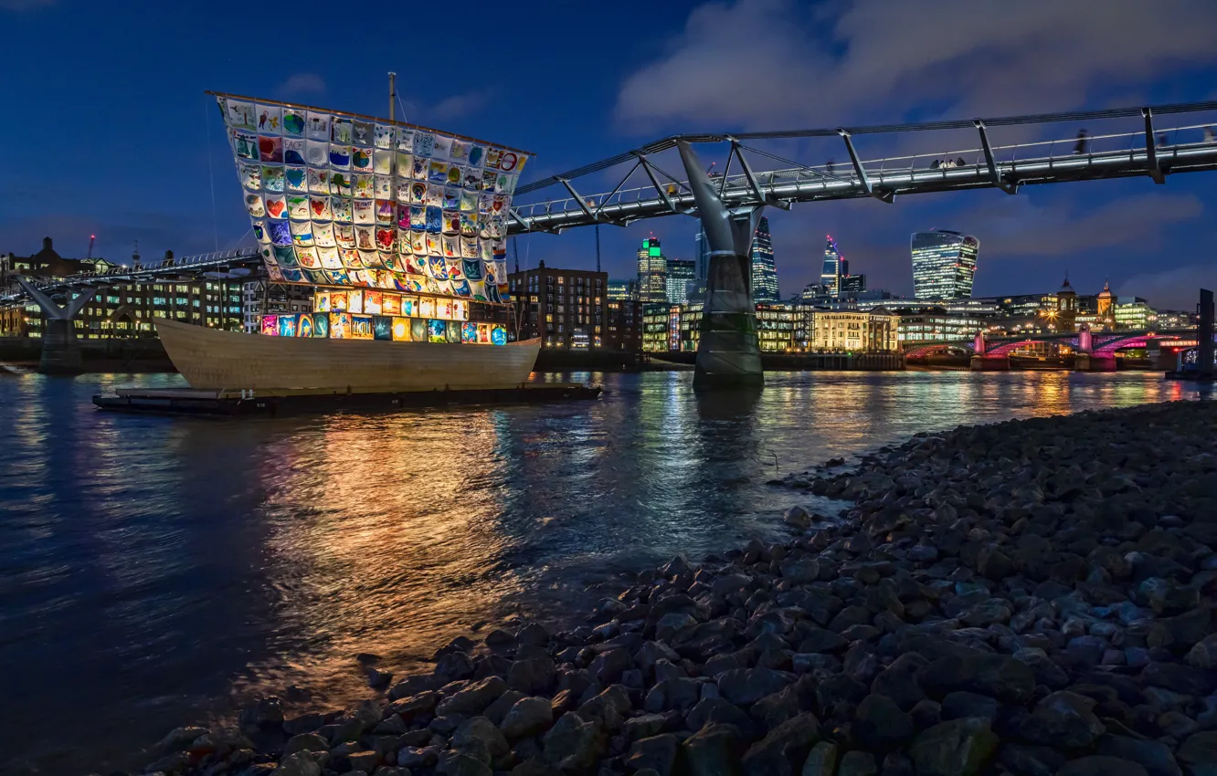 Photo wallpaper night, bridge, the city, river, stones, shore, ship, England