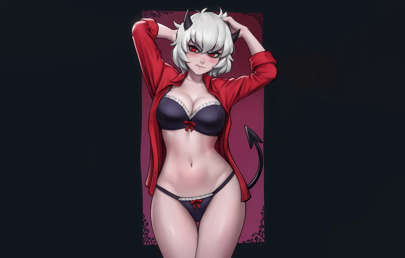 Photo wallpaper girl, sexy, lingerie, bra, cleavage, panties, horns, boobs