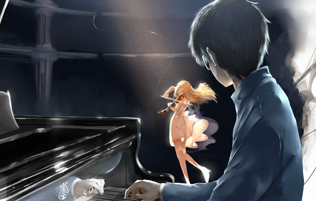 Photo wallpaper music, Girl, Violin, blonde, piano, piano, brunette, Shigatsu wa Kimi no Uso