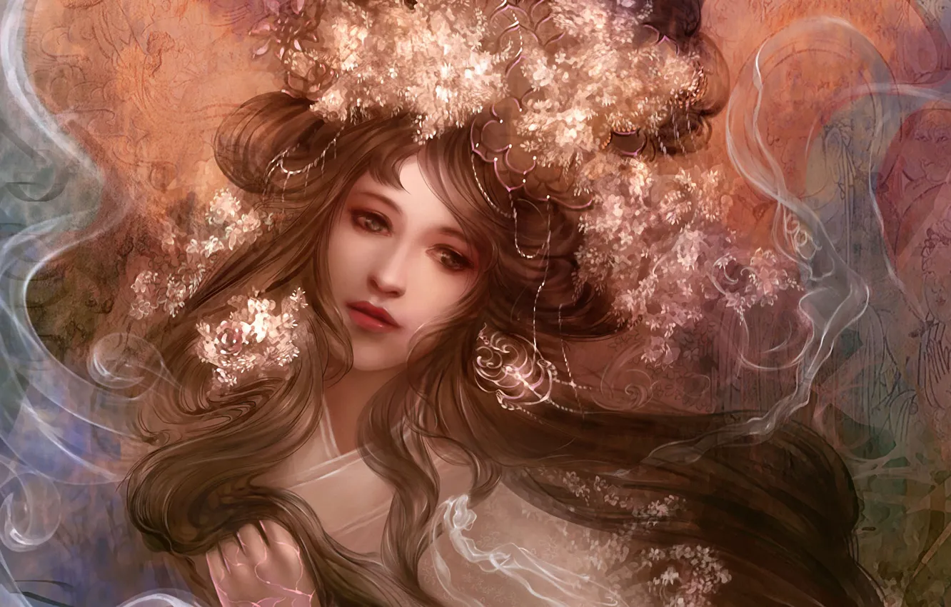 Photo wallpaper girl, flowers, face, smoke, art, hairstyle, goldenrods